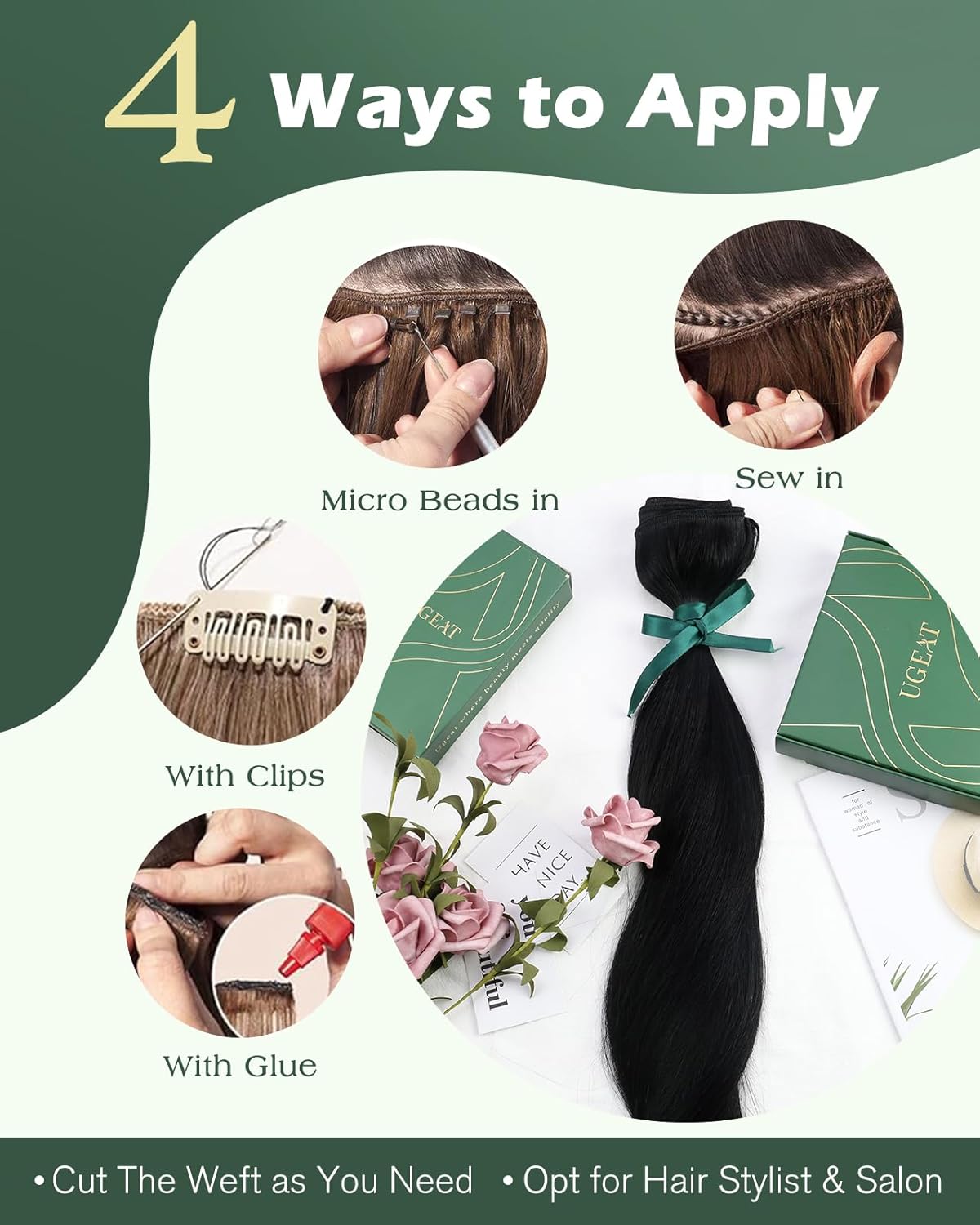 Ugeat Weft Hair Extensions Human Hair Jet Black Sew in Hair Extensions Real Human Hair Jet Black Human Hair Extension Double Weft Daily Wear for Short Hair 14 Inch 80g