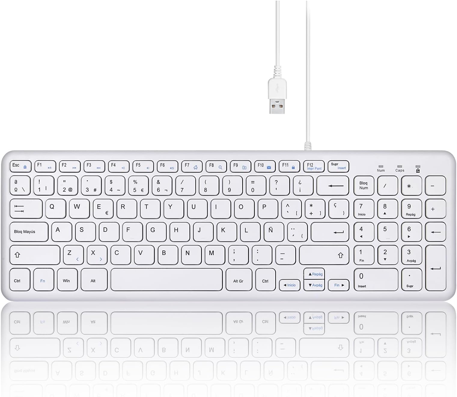PERIBOARD-213W Silent USB Scissor Keyboard with Cable – Compact Design with Numeric Keypad – White – Spanish Qwert with Ñ