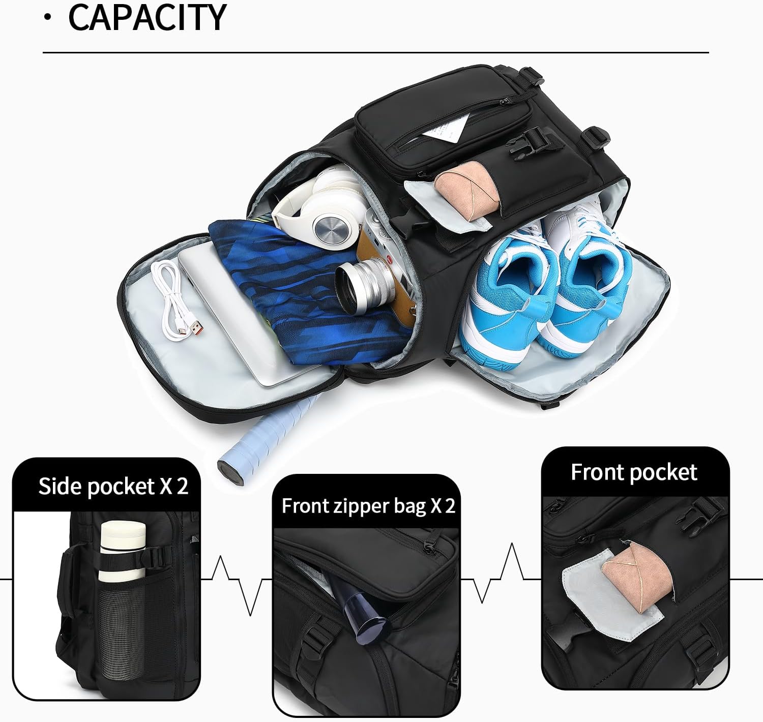 Kalesi Gym Duffle Tennis Bag Backpack 4-Way Waterproof with Shoes Compartment for travel Sport Hiking laptop (Black 02) - Image 6