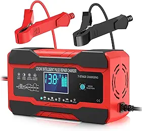 YONHAN Carregador de bateria de carro inteligente totalmente automático de 10 A, 12 V e 24 V, carregador de gotejamento para mantenedor de bateria e dessulfatador de bateria com compensação de