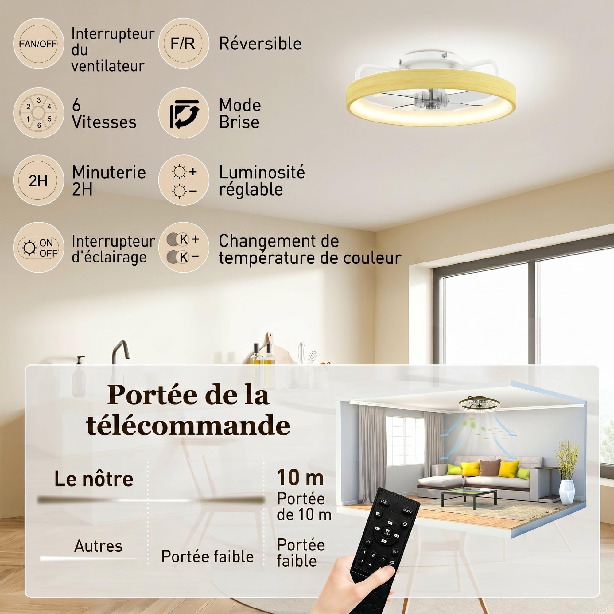 HOMCOM Ventilateur de plafond avec lumière LED plafonnier ventilateur Ø49 cm 7 pales moteur DC silencieux 6 vitesses 3 températures de couleur luminosité réglable télécommande minuterie mode été-hiver