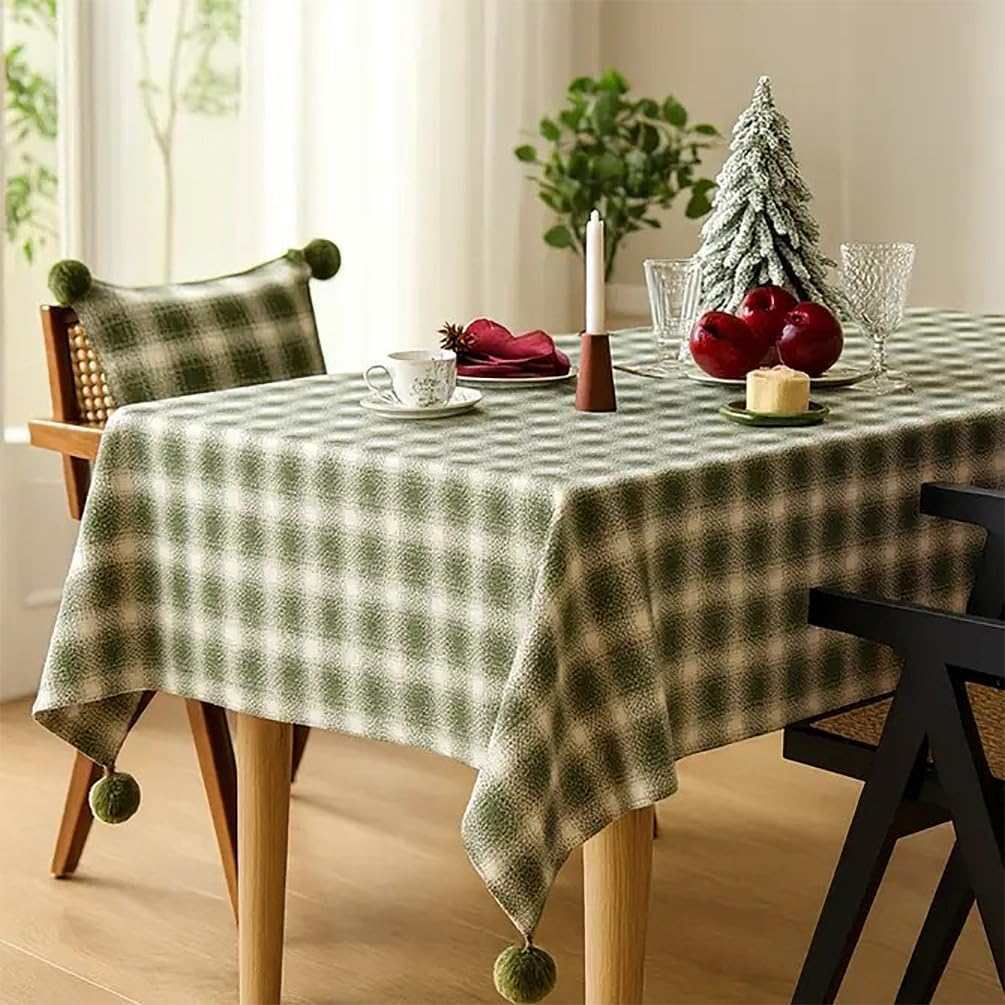 Fennco Styles Plaid Woven 100% Cotton Tablecloth with Pom Pom 56" W X 56" L - Brown Table Cover for Winter Holiday Décor, Banquet, Family Gathering and Special Occasion