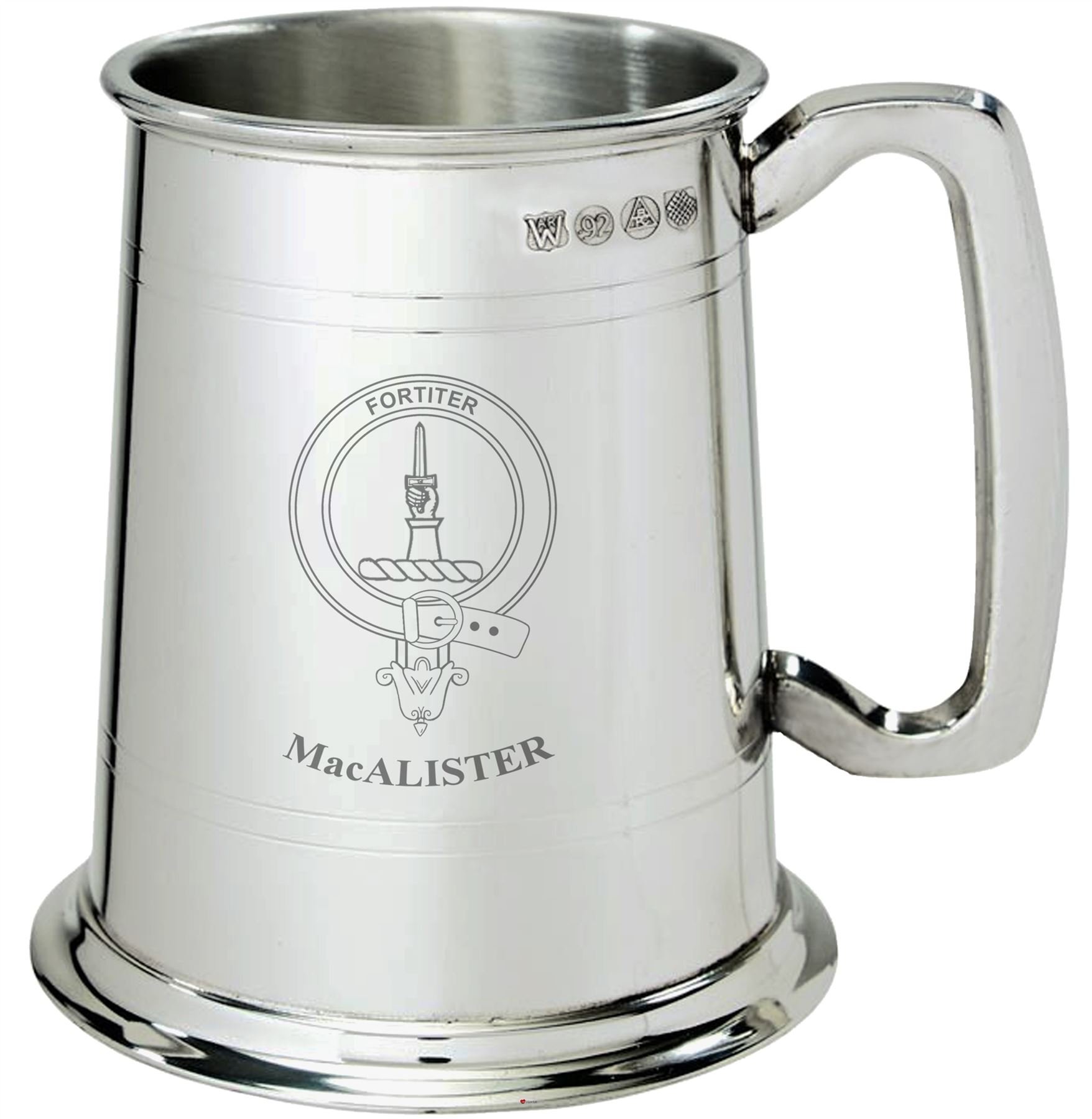 Tankard MacAlister jarra de peltre escocesa de 1 pinta con escudo del clan