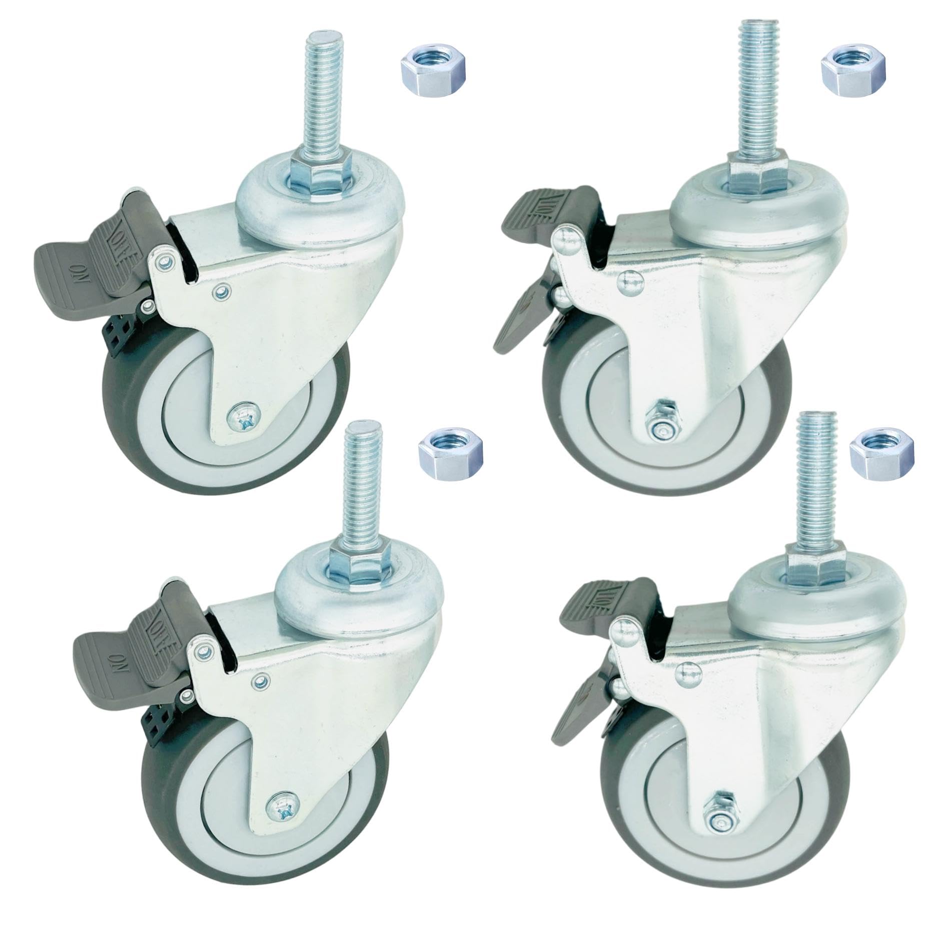 Nfbcxutkw Grey Tpr 4 Inch Swivel Caster Wheels Heavy Duty With Brake, 1/2" X13-1-1/2 Threaded Stem Casters Set Of 4, Tpr Rubber Wheels For Hospital, Lab, Furnitures,Restaurant