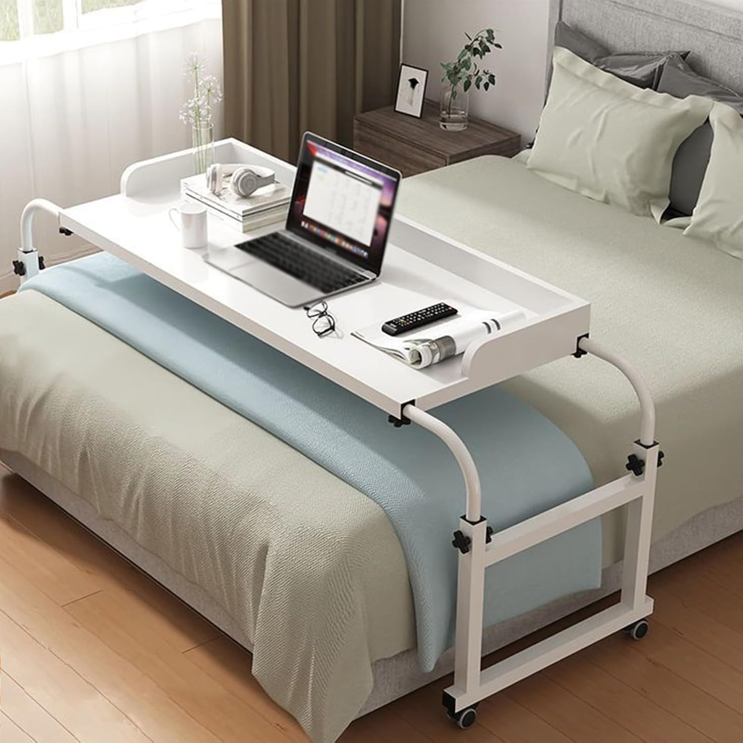 Bedtable Overbed Table with Wheels, Adjustable Height Over The Bed Table Desk King Size Rolling Desk Over Bed King Beds Rolling Medical Bed Desk for Hospital and Home(Color:Wood+)