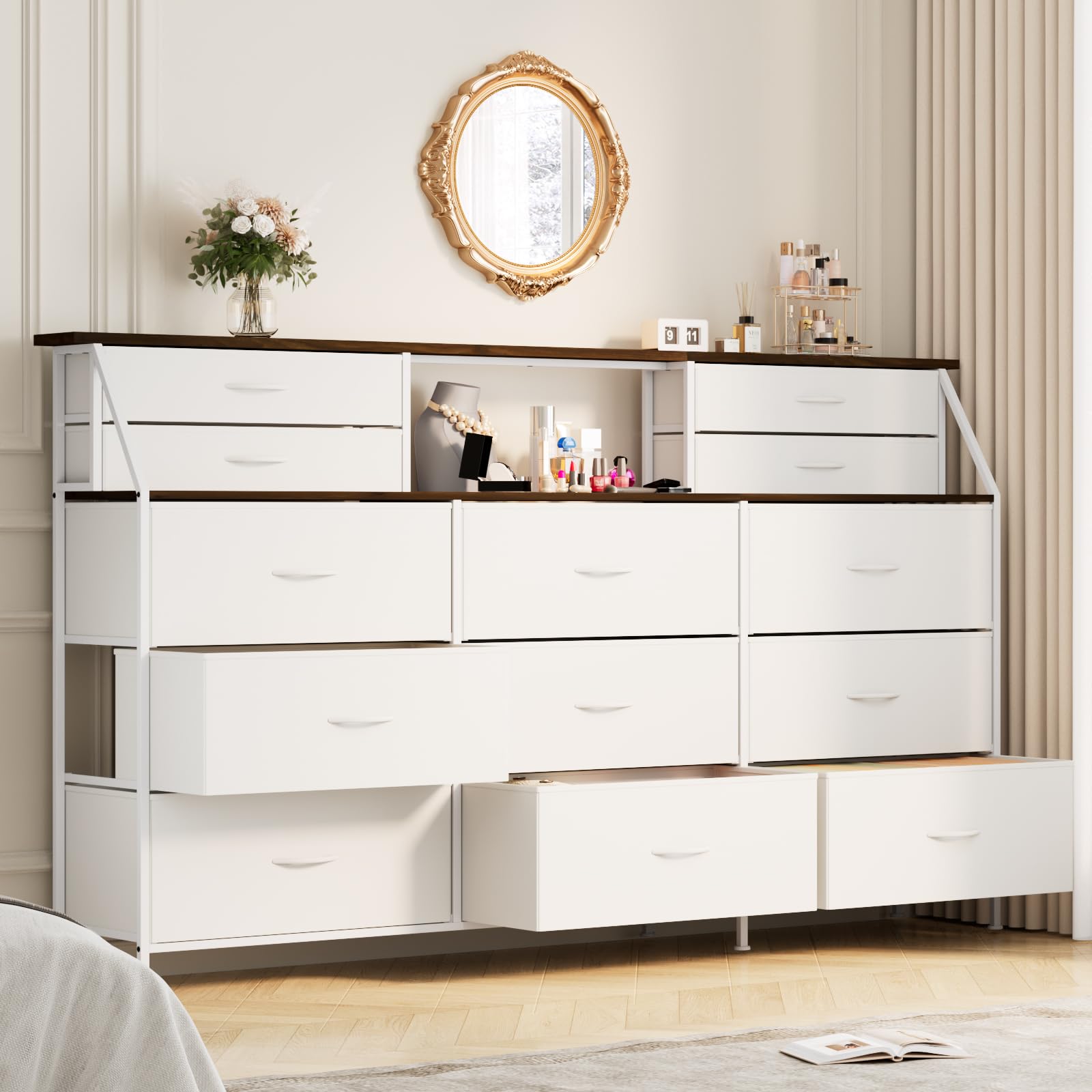 Amazon.com: PUKAMI 72" Long Dresser for Bedroom, 13 White Fabric Drawers  for Closet, Extra Wide Chest of Drawers with Two Open Shelves, Sturdy Metal  Frame, Wood Top, Living Room, White : Home