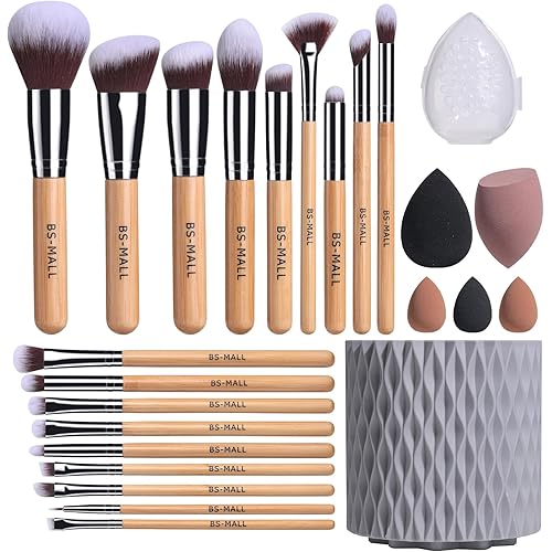 BS-MALL Makeup Brushes Bamboo Premium Synthetic Foundation Powder Concealers Eye Shadows 18 Pcs Brush Set with 5 sponge & Holder Sponge Case