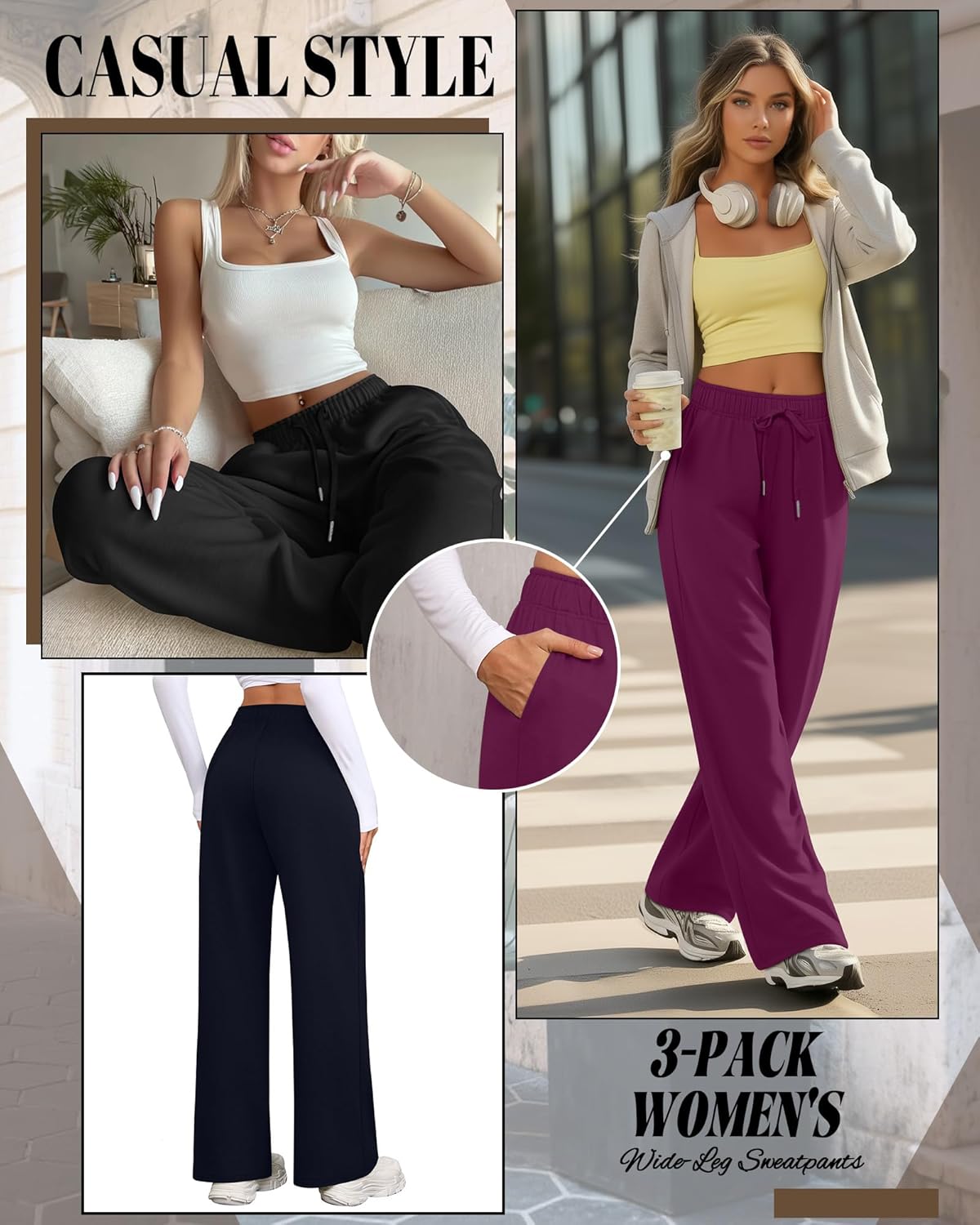 Riyiper 3 Pack Women Wide Leg Sweatpants Drawstring Straight Pants Elastic Waist Joggers Open Bottom Sweatpants with Pockets - Image 4