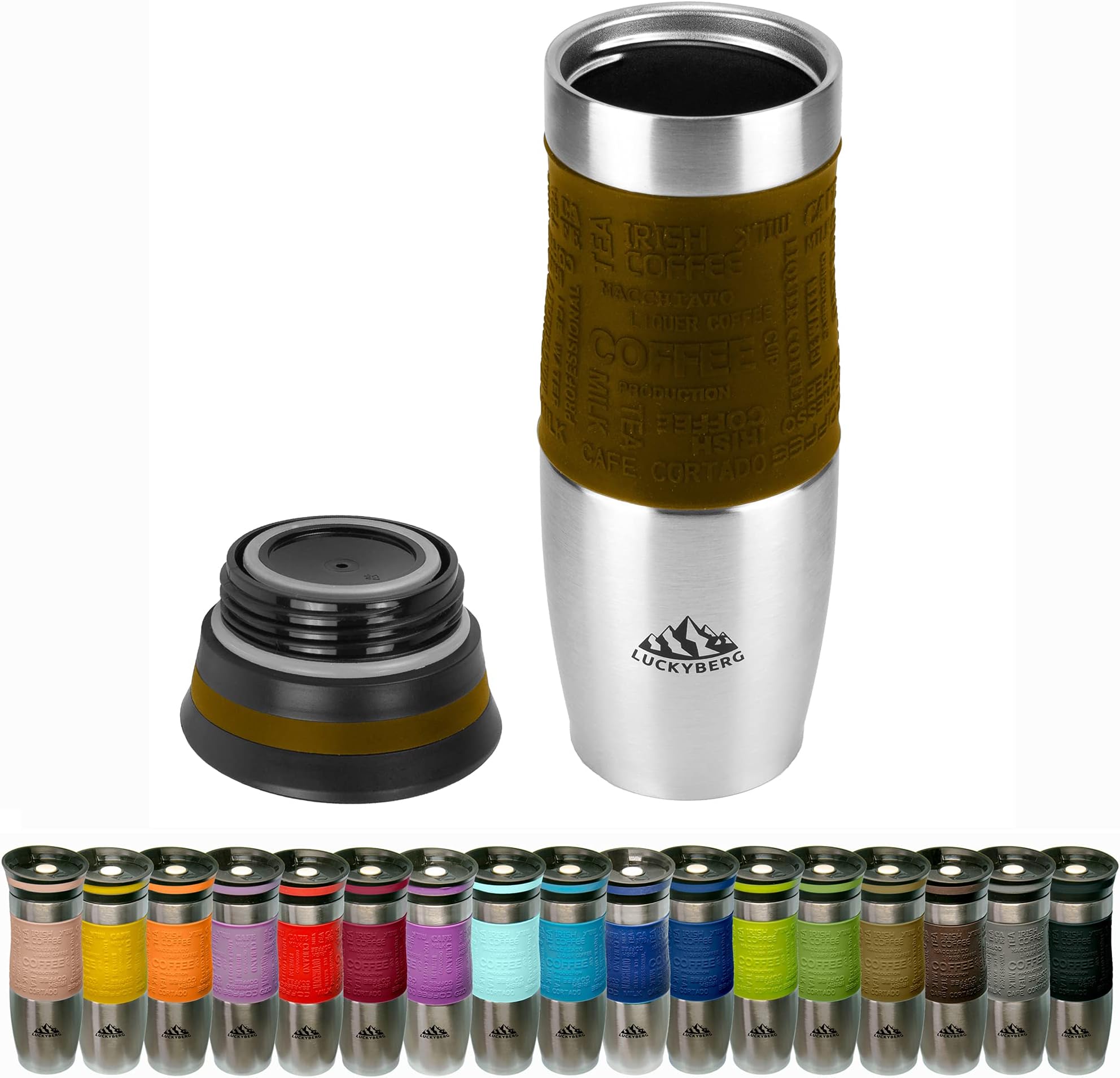 Luckyberg Travel Mug One Handed Open and Drink Coffee or Tea Double Walled and Leakproof for Any Hot and Cold Drink (480 ml 16 oz) Olive