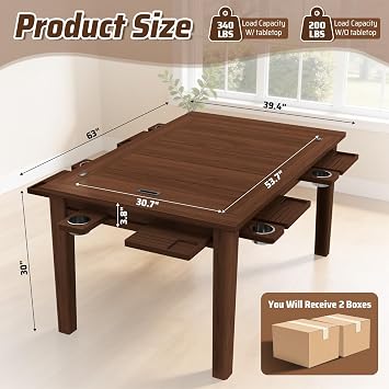 Haddockway Board Game Table with Adjustable Led Lights, 53.7in x 30.7in Play Area Removable Table Top Dining/Gaming Table with Charge Station, Play Mat, 6 Cup Holders & Trays (Black Walnut)