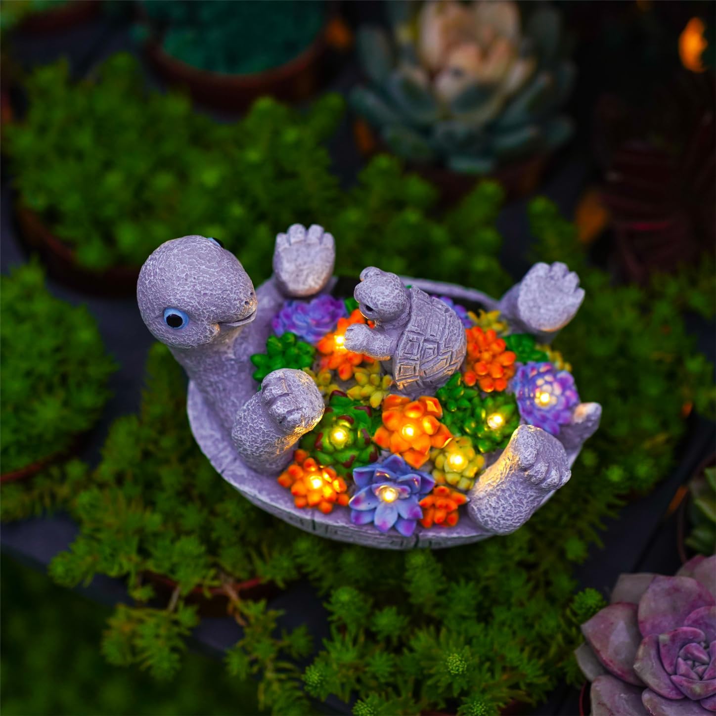 Solar Turtle Figurines Garden Decor, Cute Turtle Statue with Baby with 7 LED Solar Lights Garden Lawn Decorations for Patio & Yard, Gifts for Mom, Gery - Image 5