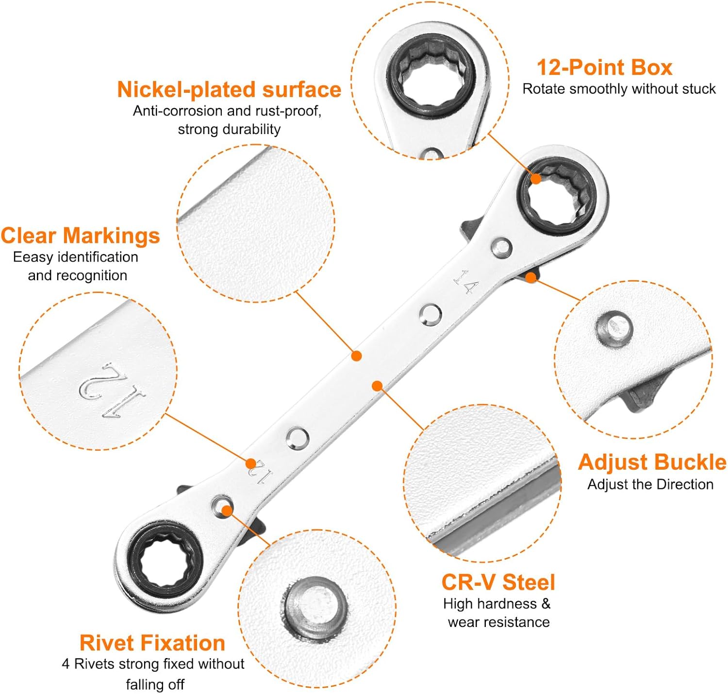 HARFINGTON 4 in 1 Double Box End Reversible Ratcheting Wrench 10x12x13x14mm CR-V Steel 180 Degrees Metric Double Head 12-Point 24-Teeth Adjustable Ratchet Gear Socket Spanner