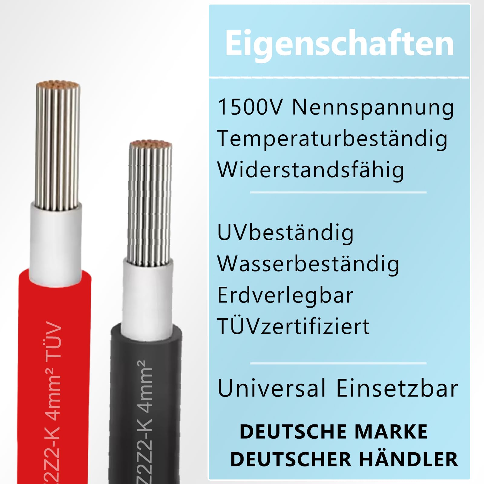 NAUC Solar Verlängerungskabel für Solarpanel - Solarleitung Solarkabel für Solarmodule - Photovoltaik-Kabel - Kabel 4 mm² - 5-100 Meter - TÜV, Farben:Schwarz, Länge Kabel:100 Meter