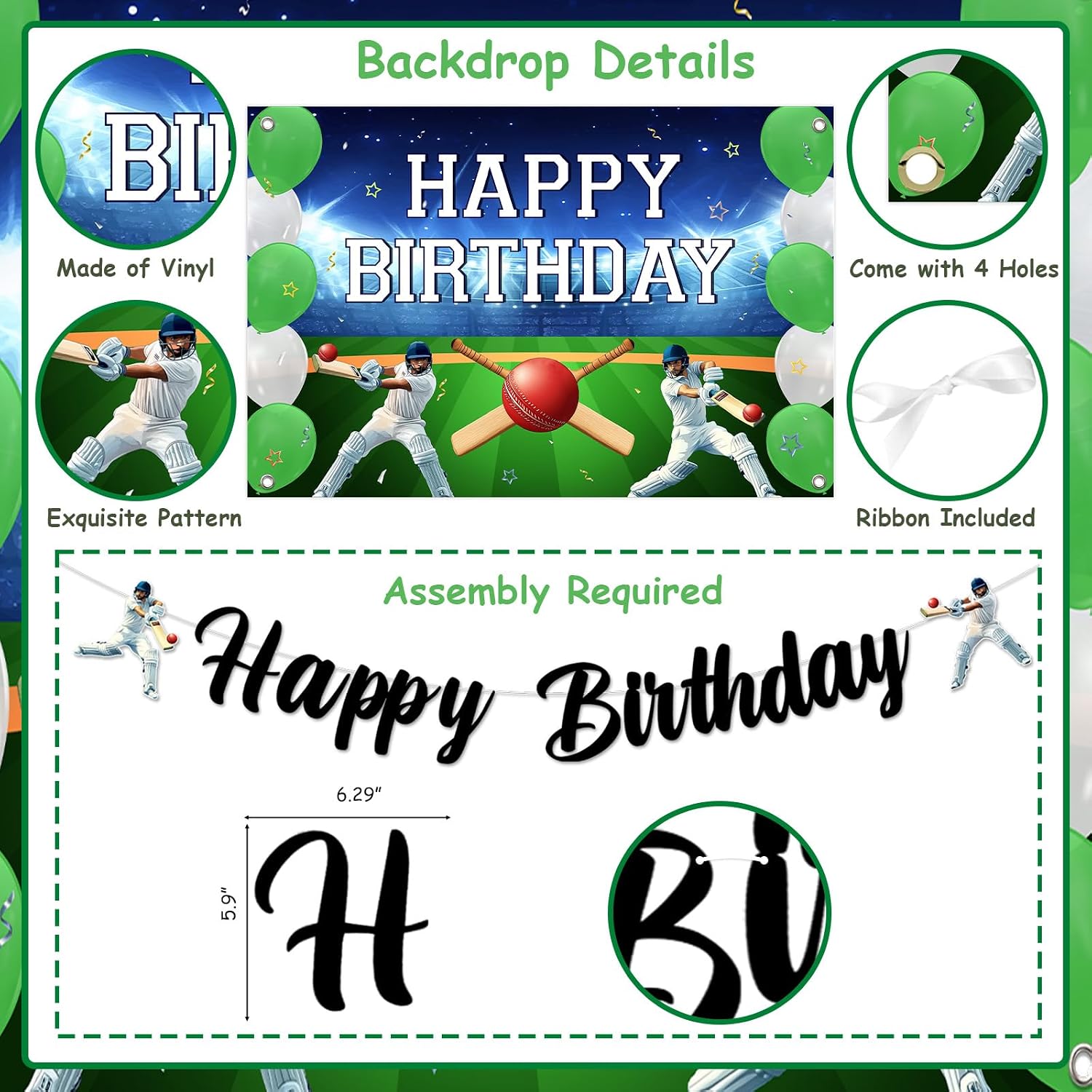 Jollyboom Cricket Birthday Party Decorations, Sports Theme Ball Happy Birthday Decorations Backdrop Banner Hanging Swirls Ceiling Streamers Table Honeycomb Centerpieces Cake Topper for Boy Kids