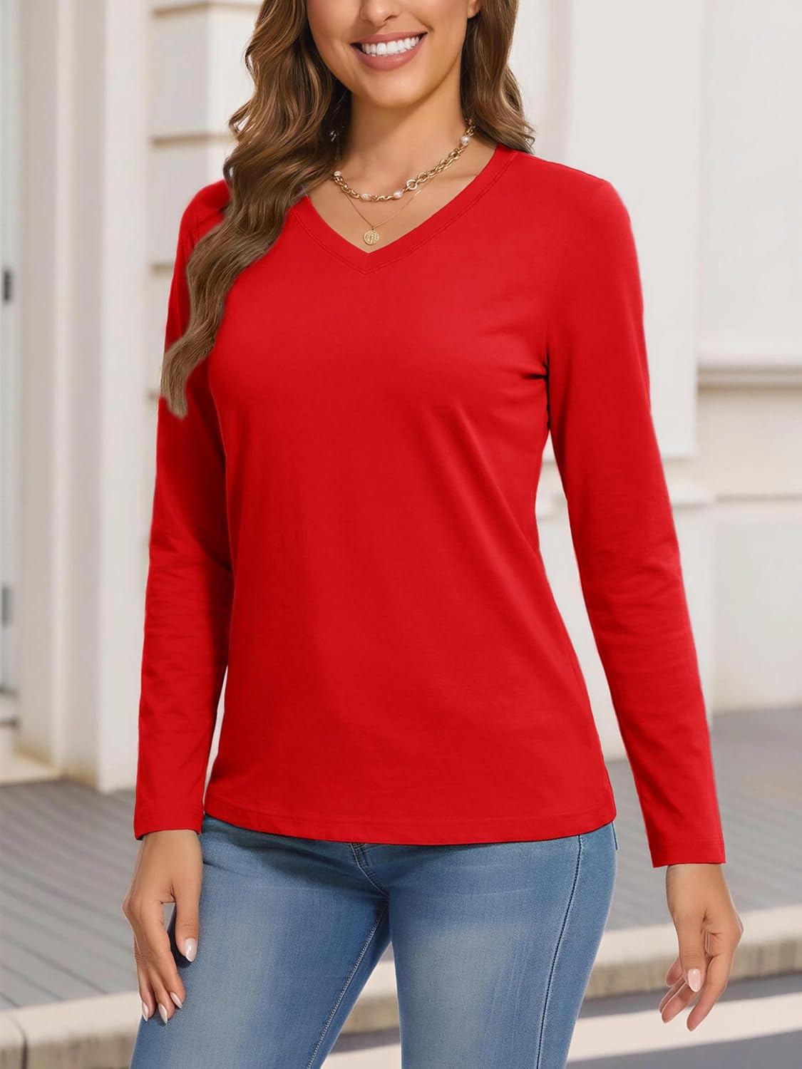 SMENG Women's Long Sleeve Shirts V Neck Cotton Blend T-Shirt Solid Color Breathable Comfy Basic Tee - Image 2