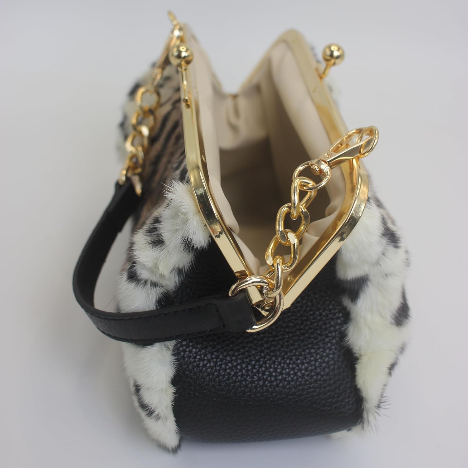 Fosrion Luxury Mink Fur Leopard Print Handbag – Small Kiss Lock Purse with Gold Chain Strap, Evening & Shoulder Bag