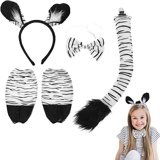 Zebra Costume Set for Kids: 4 Piece Zebra Ears Headband, Bowtie, Tail, and Gloves- Animal Fancy Dress Party Accessory for Halloween Christmas Role Play Stage Performance