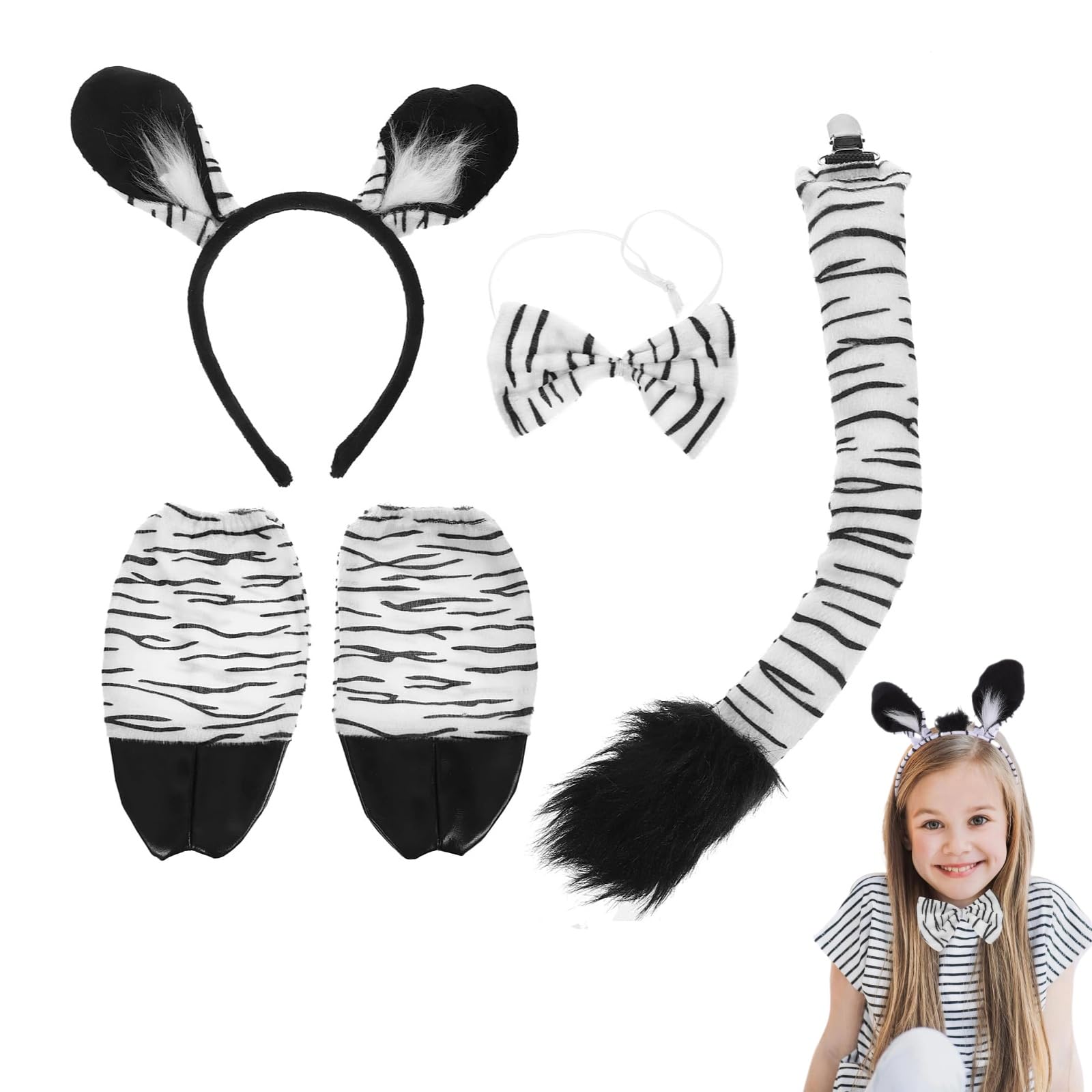 Zebra Costume Set for Kids: 4 Piece Zebra Ears Headband, Bowtie, Tail, and Gloves- Animal Fancy Dress Party Accessory for Halloween Christmas Role Play Stage Performance
