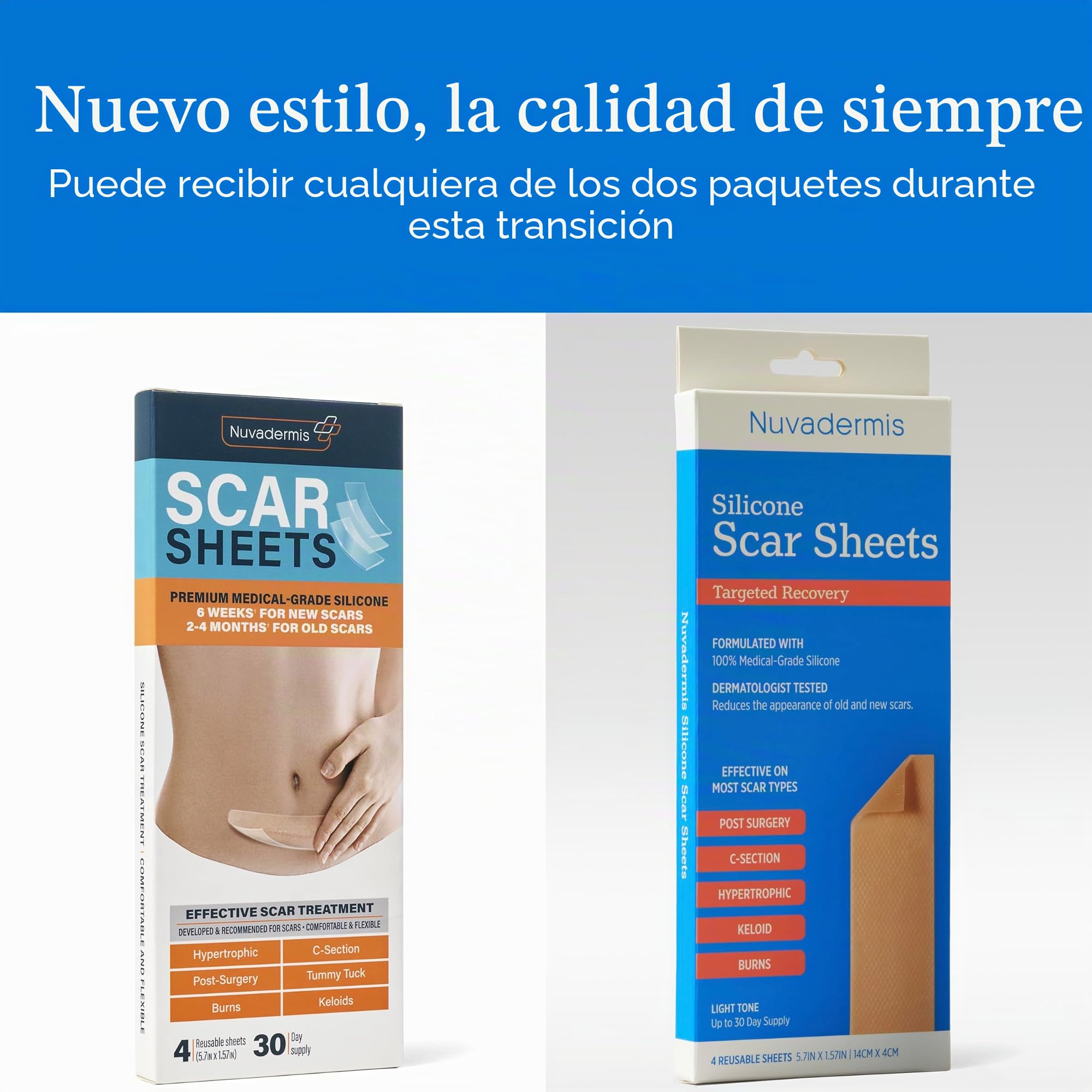 NUVADERMIS Silicone Scar Sheets - Extra Long Scar Sheets for C-Section, Tummy Tuck, Keloid, and Surgical Scars - Reusable Medical Grade Silicone Scar Sheets - Post Surgery Supplies - Pack of 4