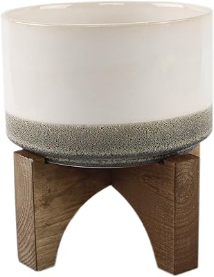 Flora Bunda Mid Century 7 inch Lava Ceramic on Wood Stand, Grey
