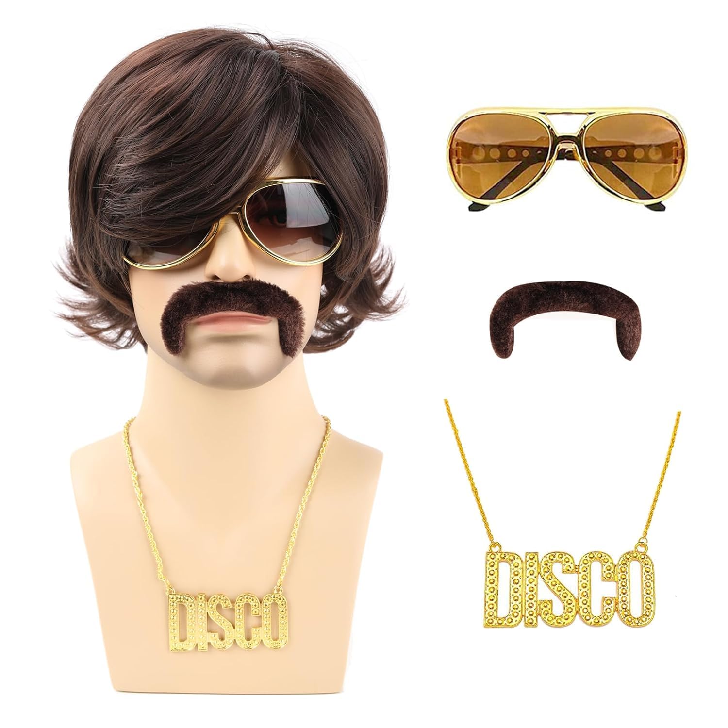 Mens Brown Wig 5pcs Set (Wig+ Glasses+ Necklace+ Mustache+ Wig Cap) Short Wavy Shaggy Wig 70s Disco Rocker wigs for Halloween Chrismas Cosplay Party