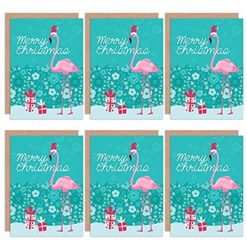 Wee Blue Coo Christmas Cards 6 Pack - Flamingo Merry Christmas Set Blank Cards