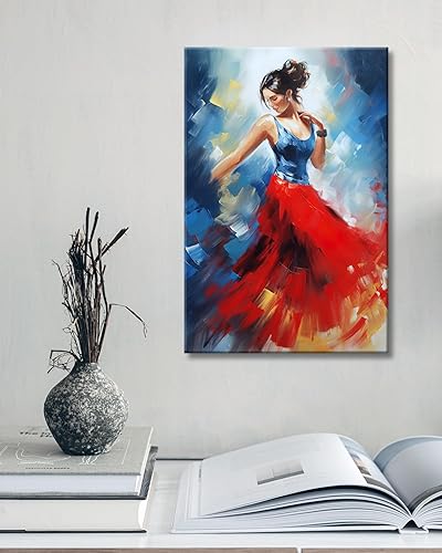 Miniatura 2 de GLOKAKA Arte abstracto de la pared de niña bailarina contemporánea con falda roja con parte superior azul y falda roja, obra de arte para decoración