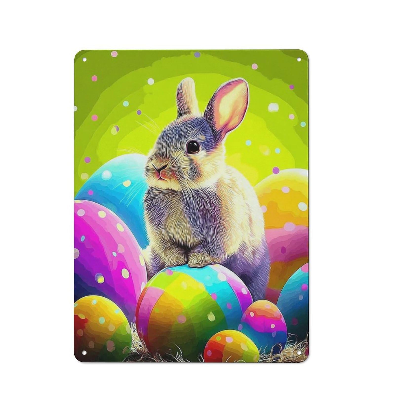 Junmoney Colorful Easter Bunny With Eggs -3 Rustic Metal Wall Sign 40X30cm For Café Or Restaurant, Gift Idea At Christmas For Café Owners And Decorators