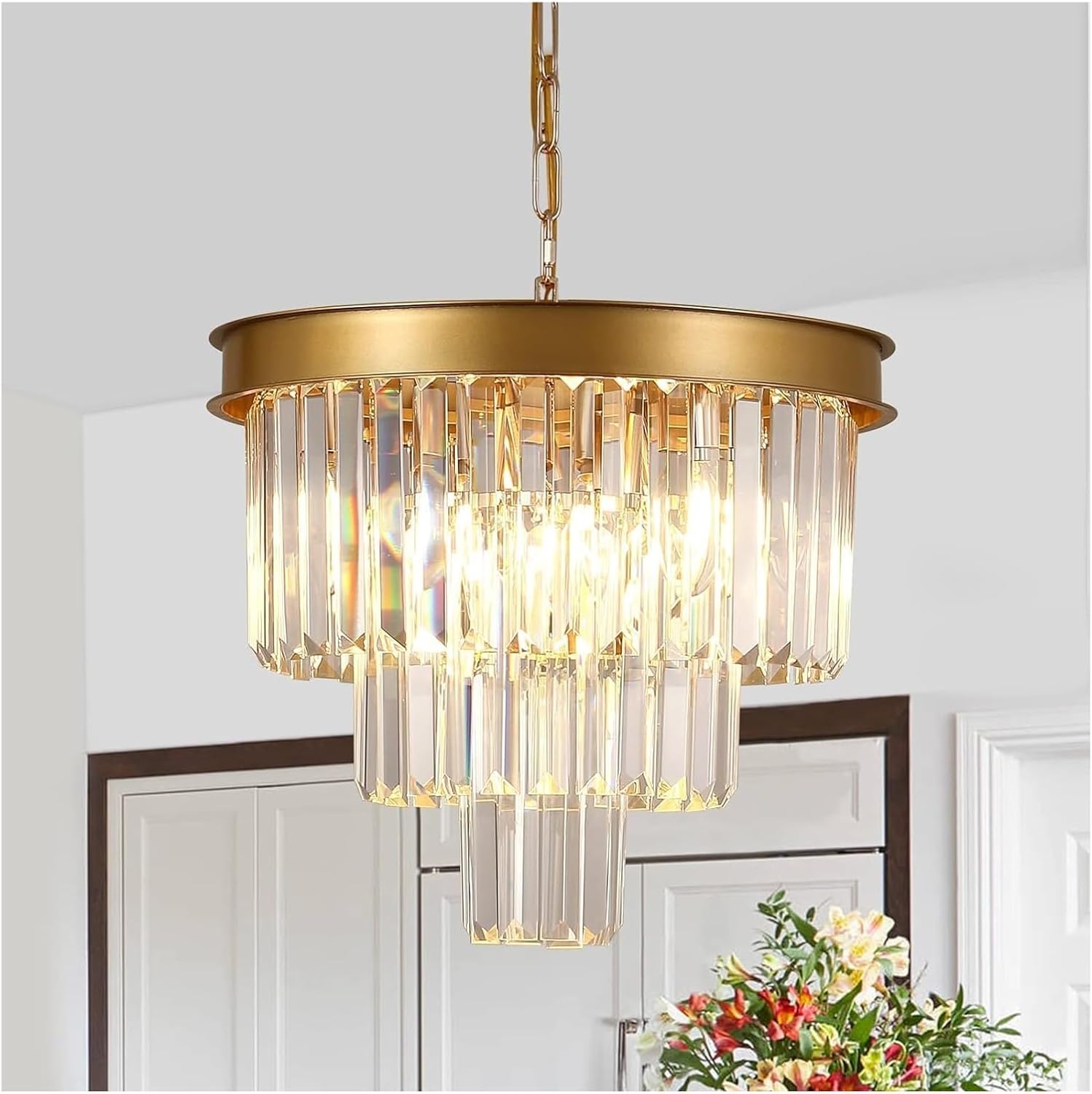 Chandeliers Chandeliers Ceiling Lights Black Crystal Chandeliers Round Chandeliers 20"/50Cm Dimmable 9 Lights Ceiling Pendant Light Fixtures 3 Tiers Luxury Raindrop for Living Room