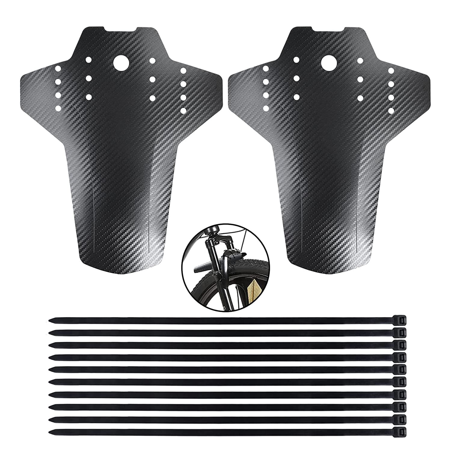 2 Pack MTB Mudguards, Front and Rear Bike Fenders with 10 Zip Ties - Flexible PP Splash Guards with Carbon-Fiber-Look Texture, 10.43 x 8.66 inches, for 26, 27.5 and 29-inch Bikes