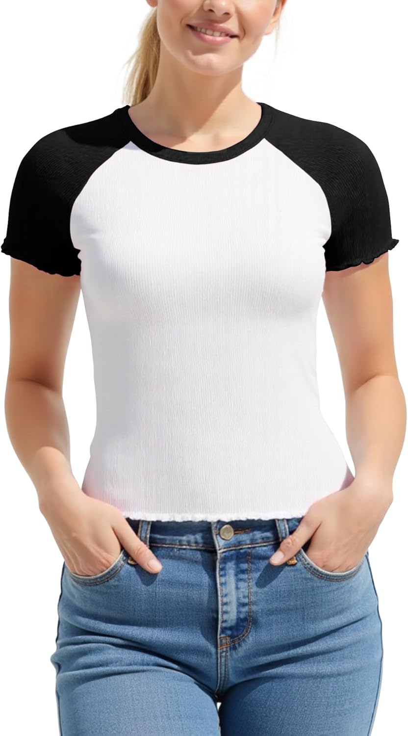 Womens Raglan Shirt Lettuce Trim Tops Fitted Tees Ribbed Tshirt Short Sleeves Crewneck T-Shirt