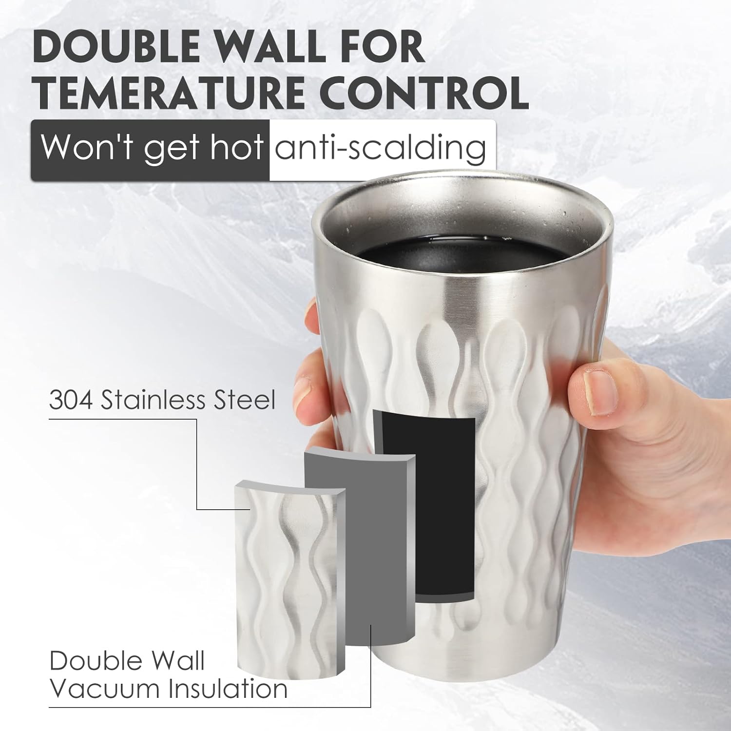 Mimorou 8 Pack 16oz Stainless Steel Cups Pint Cup Metal Double Layer Insulated Drinking Beer Water Tumbler Camping Reusable Stackable for Office Party Hot Cold Drink(Wave Pattern) - Image 3