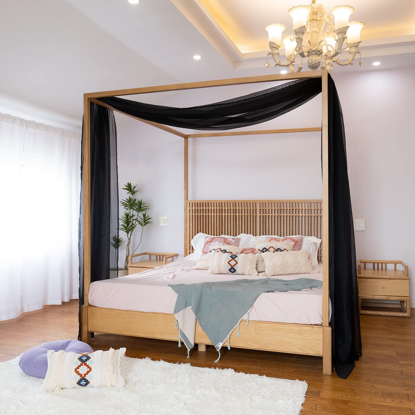 Linentalks Black Canopy Bed Curtains for Queen & Full Size, Sheer Drapes for Four Post Bed 1 PC 52X228 Inches - Image 4