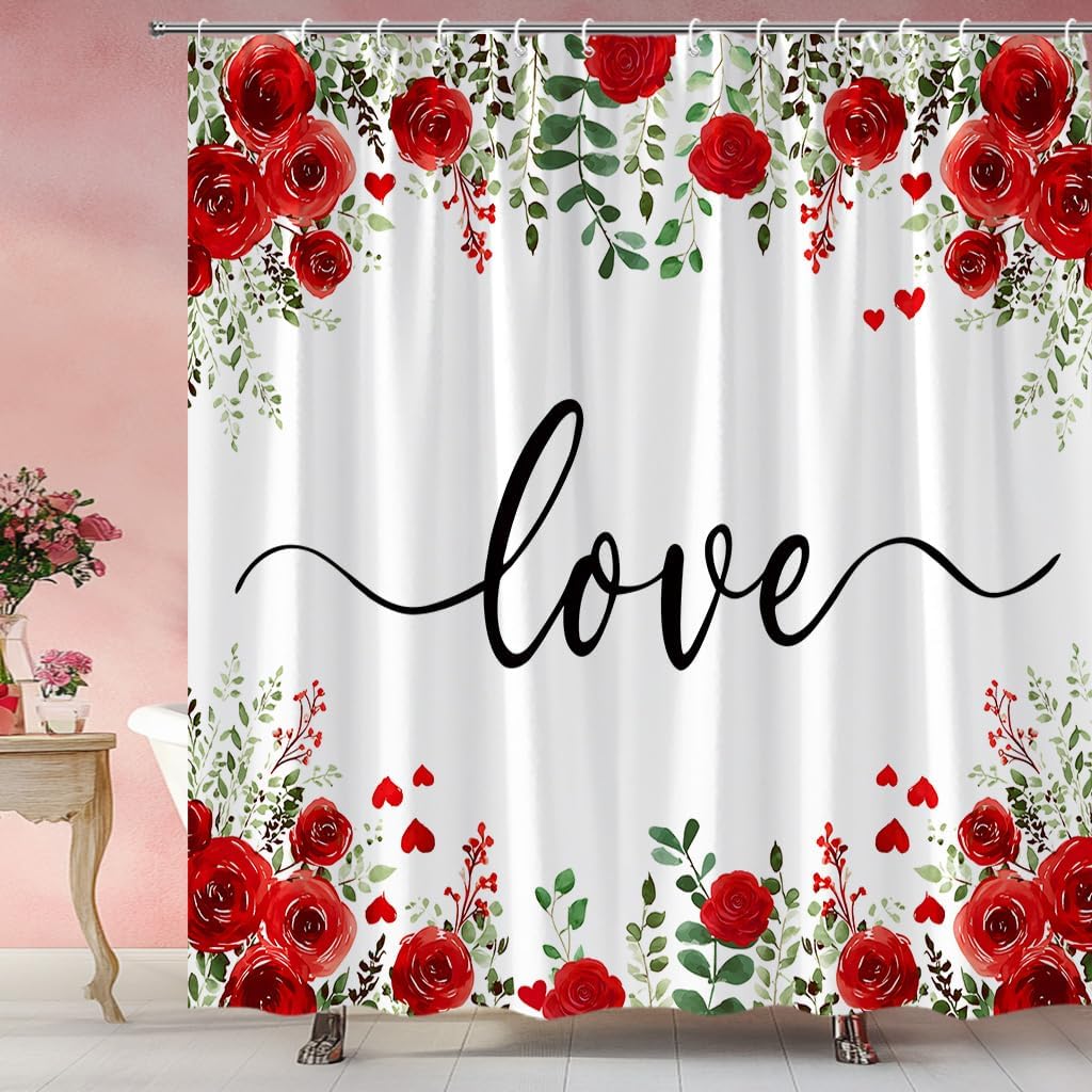 Valentines Shower Curtain Red Rose Green Leaves Love Flower Romantic Spring Floral Garden Bathroom Curtain Fabric with Hooks(84" Wx70 H)