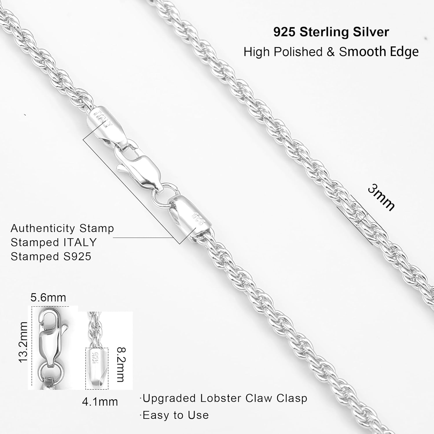 925 Sterling Silver Rope Chain Lobster Clasp 2/2.5/3/4/5mm Gold Plated/Silver Chain for Men Women Silver Necklace Chain 16/18/20/22/24/26/30 Inches - Image 3