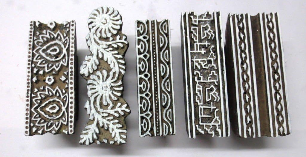 LOT OF 5 INDIAN WOODEN HAND CARVED TEXTILE PRINTING FABRIC BLOCK STAMP BORDERS