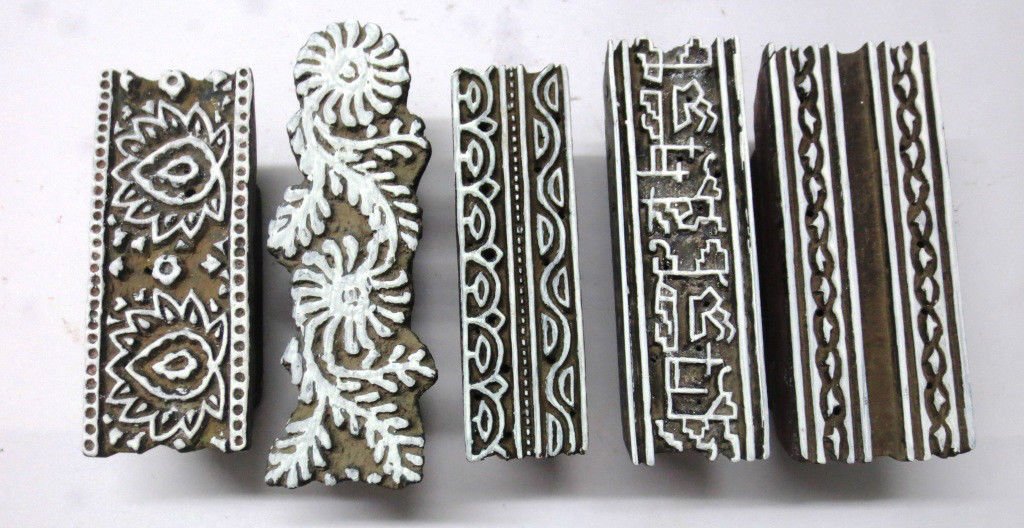 LOT OF 5 INDIAN WOODEN HAND CARVED TEXTILE PRINTING FABRIC BLOCK STAMP BORDERS