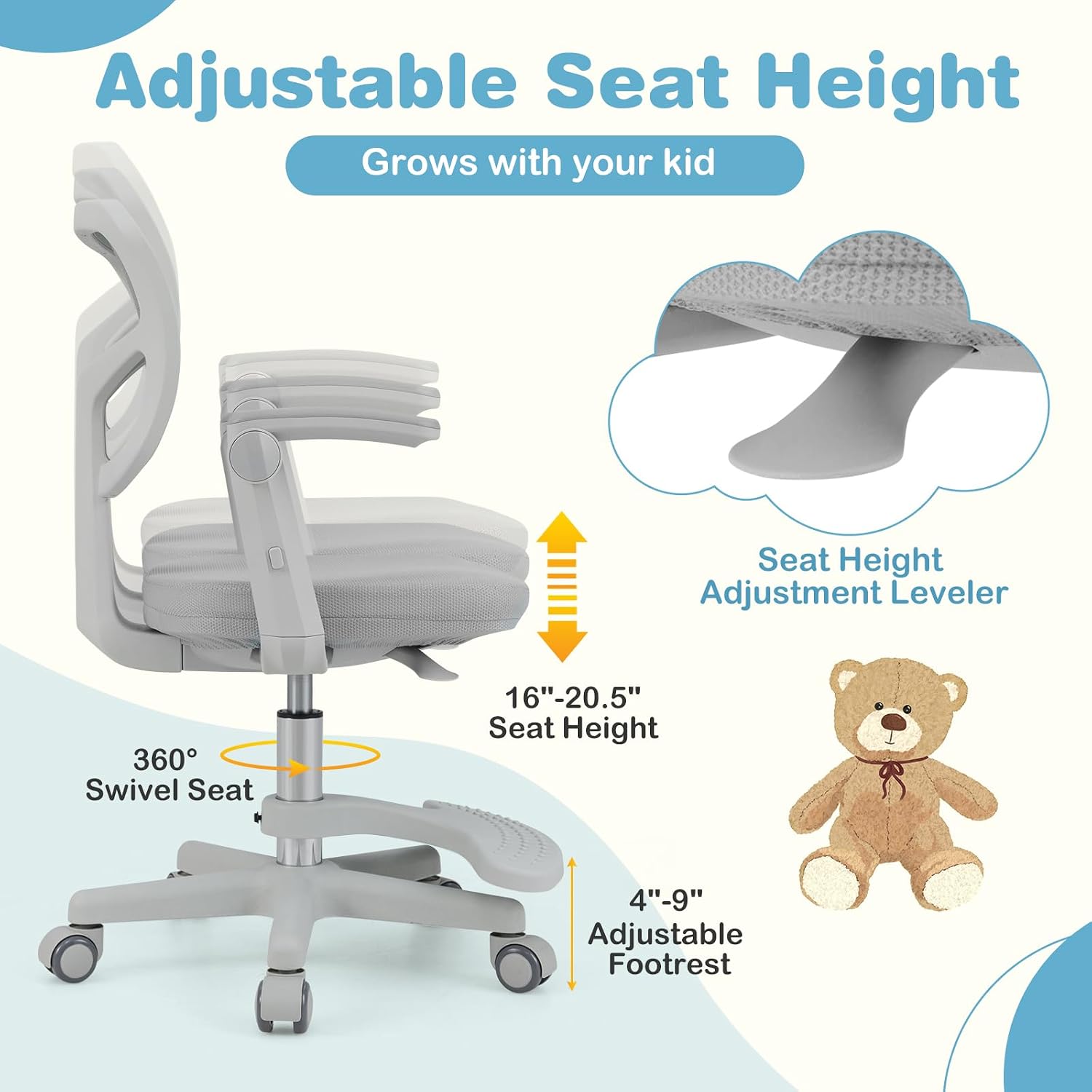 HONEY JOY Kids Desk Chair, Children Study Chair with Adjustable Height/Armrest/Footrest, Swivel Rolling Mesh Task Student Chair, Kids Computer Chair for Teens Girls Boys, Home, School, Office (Grey)