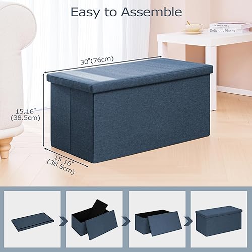 Miniatura 12 de PINPLUS Banco otomano plegable de almacenamiento con bandeja de tapa, mesa de centro otomana de 30 pulgadas, silla de cubo gris, taburete de