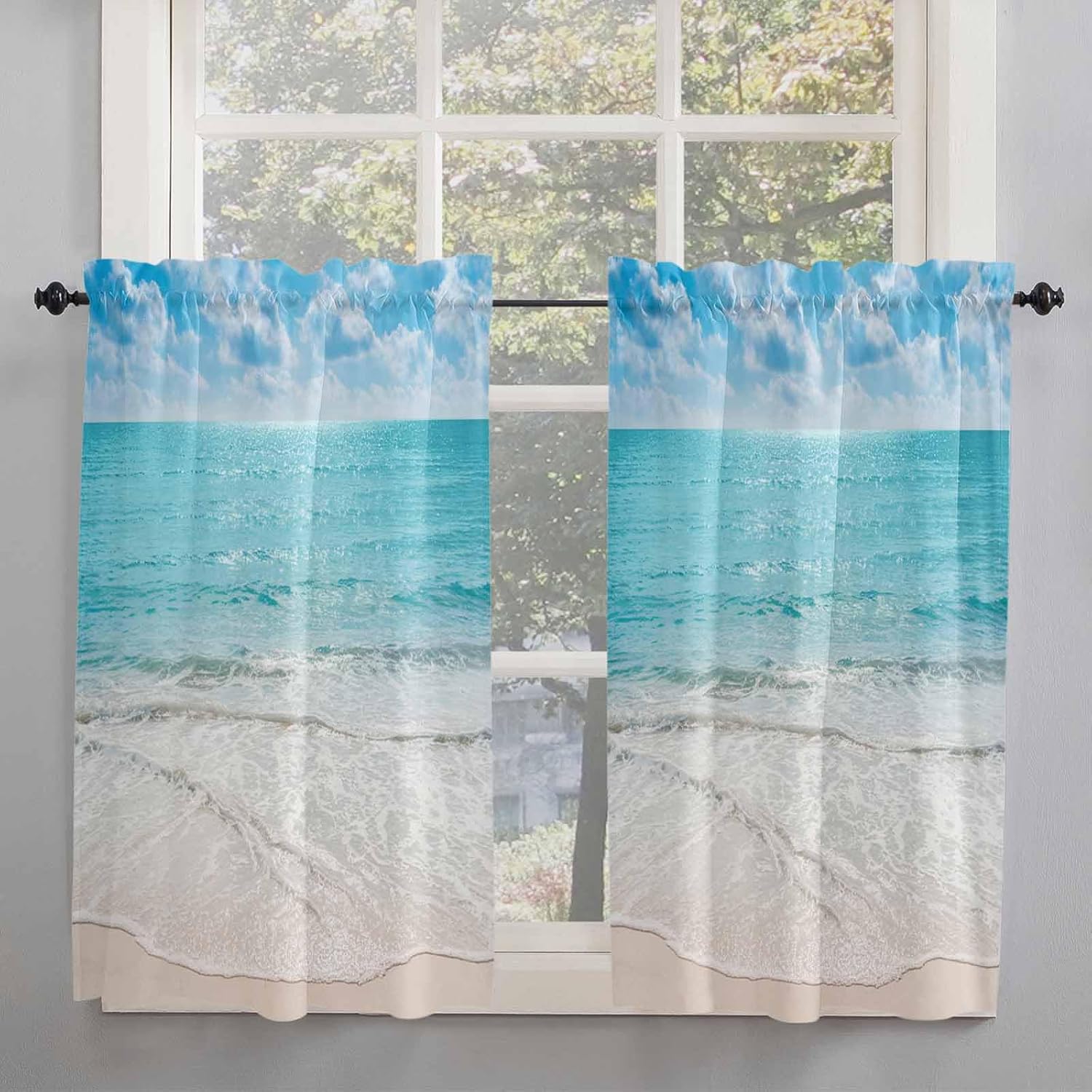 Ocean Beach Theme Kitchen Curtains for Bedrooml Living Room 54 Inch Length, Blue White Small Short Cafe Tiers Curtains Drape, 2 Panel Window Treatment Rod Pocket Drapery Panels Curtains 84x54