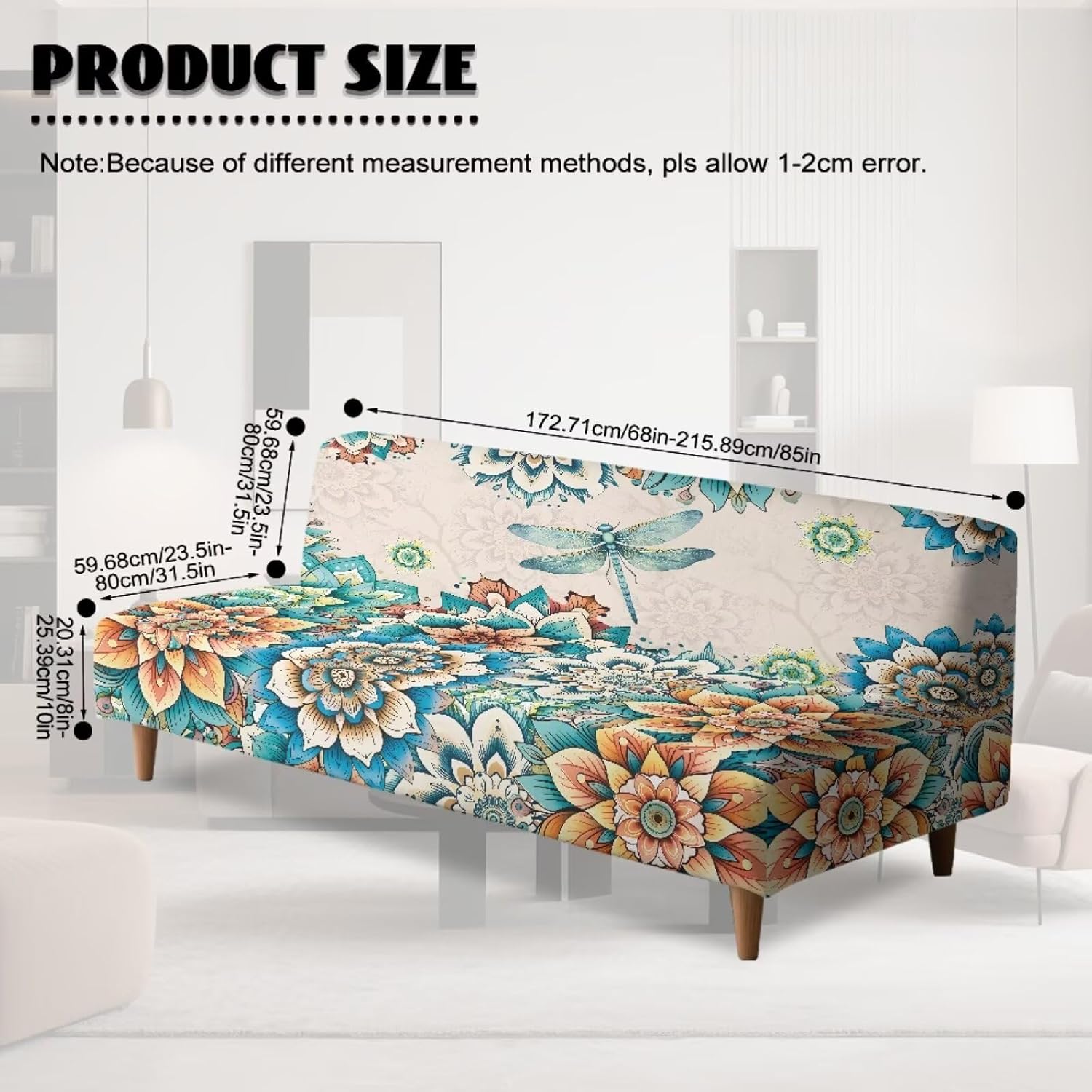 Armless Sofa Cover Elastic Fitted Futon Slipcover Scratch-Resistant Dust-Proof Furniture Protector for Folding Sofa Bed Armless Futon Decor, Boho Dragonfly Flower