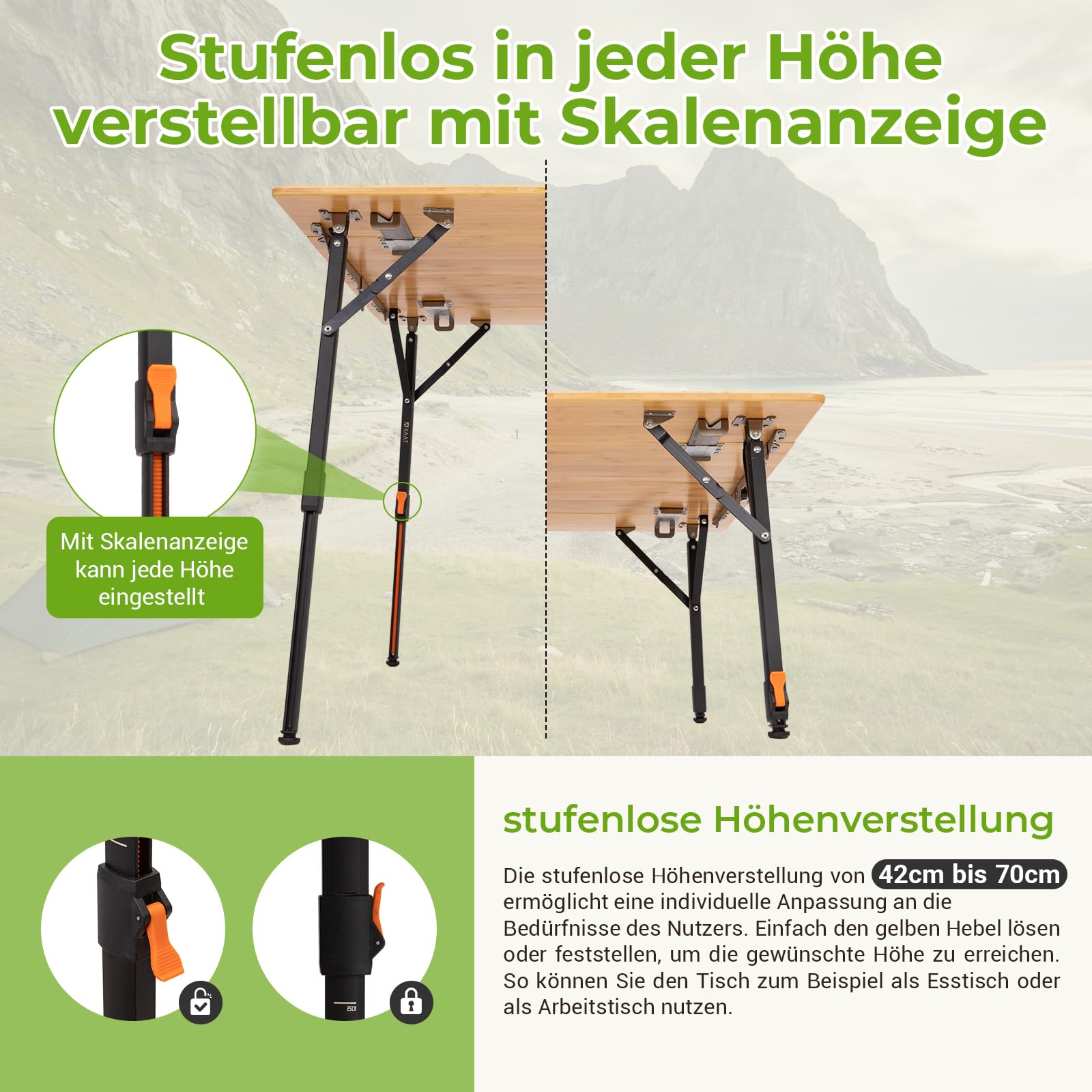 KingCamp Campingtisch Bambus 80 x 60 cm Klapptisch höhenverstellbar 42~70cm für 2-4 Personen 4 Falten Campingtisch Klappbar belastbar bis 80kg