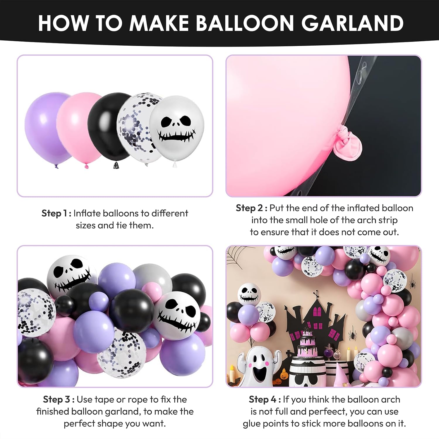 Halloween Balloon Garland Arch Kit in Pink Purple Black, Halloween Birthday Party Decorations for Girls, Cute Skull Ghost Pumpkin Balloon Set for Indoor Wall, Backdrop, Cake Table Décor - Image 6