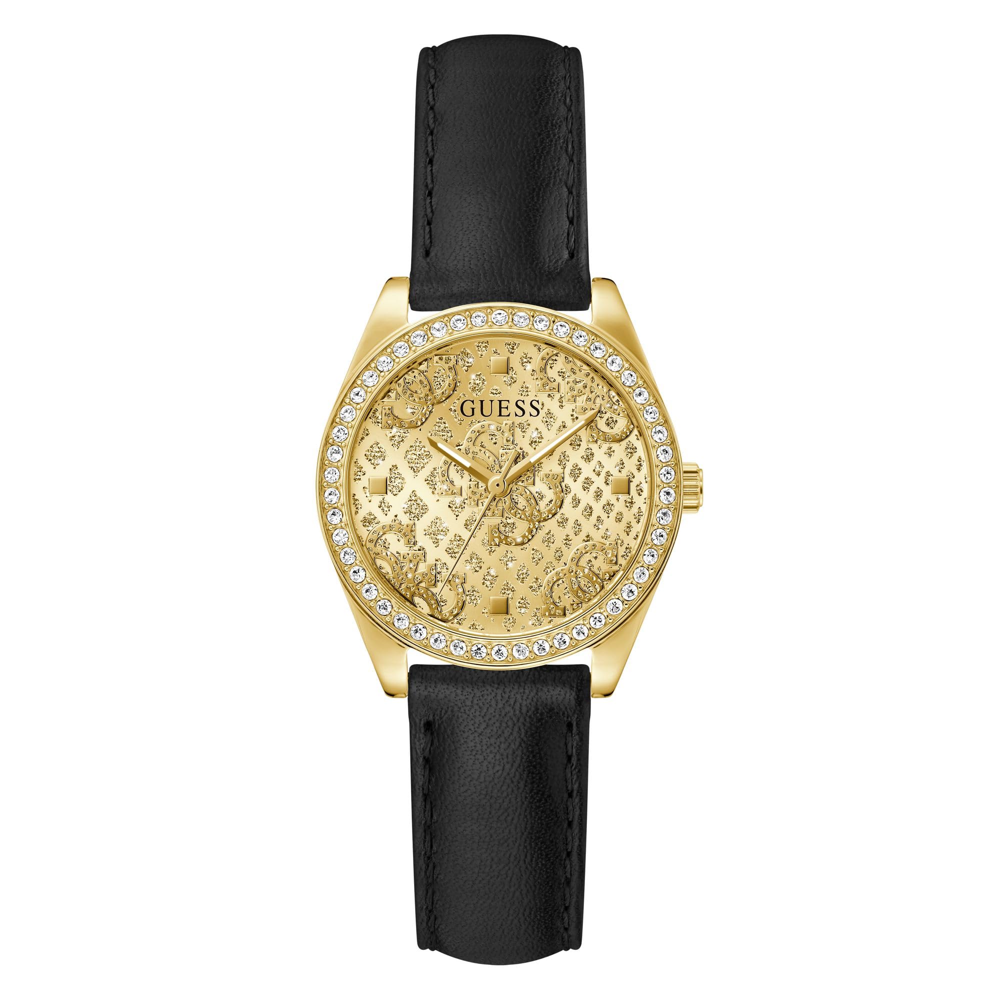 Guess Boa GW0989L2 - Reloj de Pulsera para Mujer (3 Bares, Correa de Piel Negra, Esfera de Cristal Mineral, Esfera Dorada, diámetro de la Caja: 32 mm)