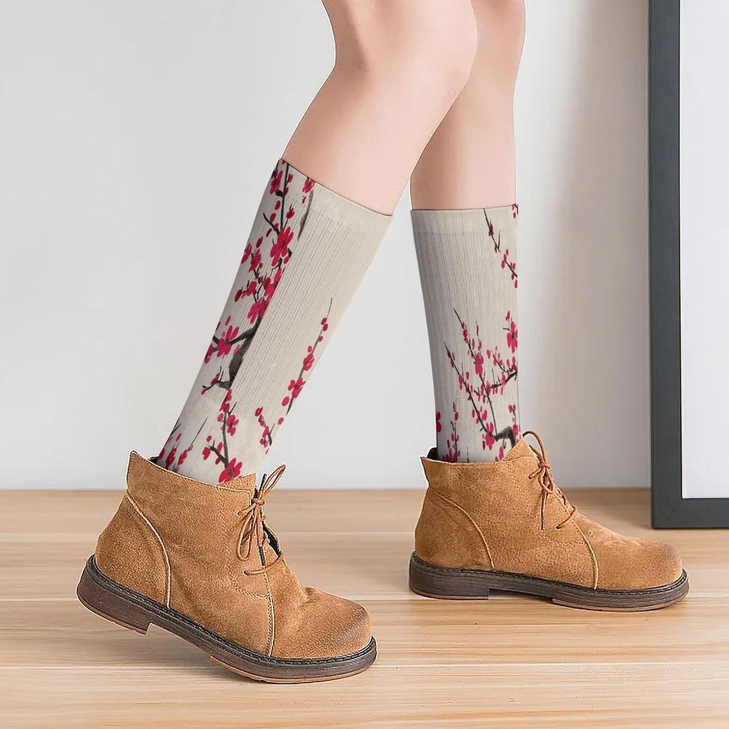 Japanese Floral Cherry Crew Socks Casual Breathable Calf Socks | Cushion Running Athletic Socks Long Performance Breathable Sports Socks for Women Men
