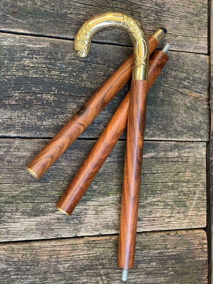 Walking Stick Brass Curved Cane Victorian Style ON Brown Solid Wood Shaft 37'