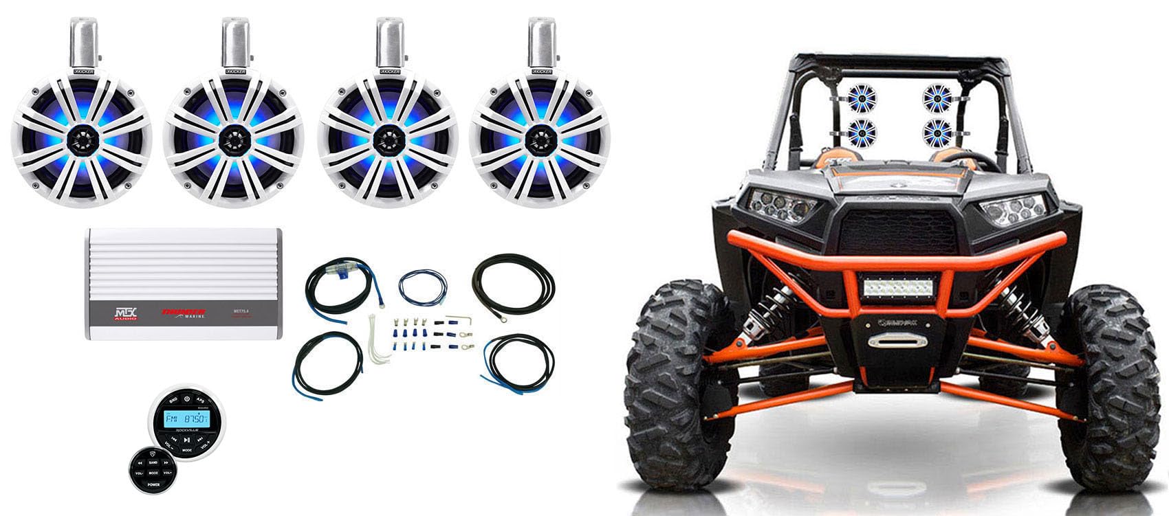 Audiosavings Bundle (2)Pair KICKER 45KMTC8W Wakeboard Tower Speakers bundle with (1) RV RGHR2 Marine Gauge Hole Receiver & (1)MTX WET75.4 4-Channel Amplifier &(1)RV RMWK8 Amplifier Wire Kit (items 7)