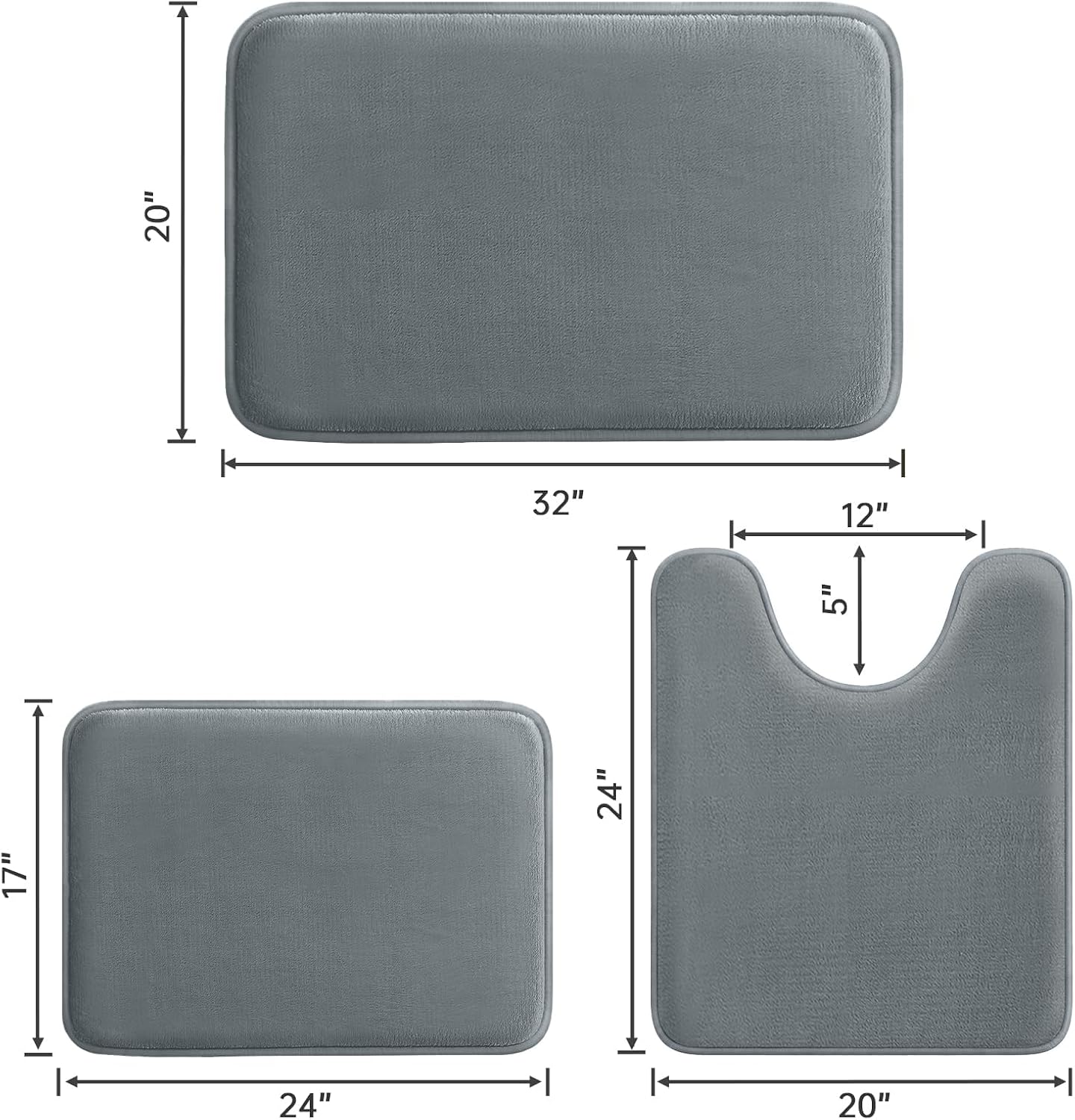 HUXMEYSON 3-Piece Memory Foam Bathroom Rug Set, Grey