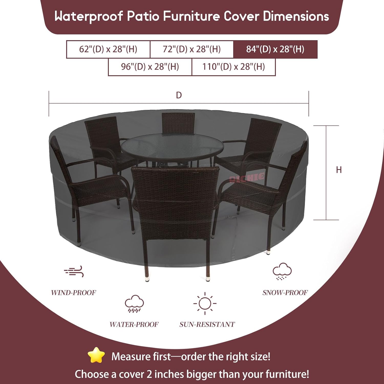 RICHIE Waterproof Round Patio Furniture Covers - 600D UV Resistant & Anti-Fading, All Weather Outdoor Table and Chairs Set Cover (84"DIA x 28"H), Tear Resistant, Black