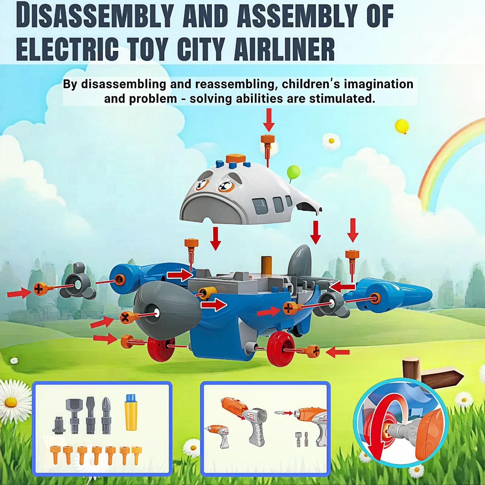 ZZTLHDS Take Apart Toy Airplane - 24-Piece Buildable Set With Electric Screwdriver For Kids 3+